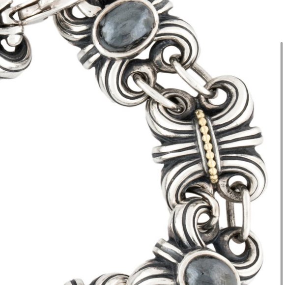 LAGOS STERLING SILVER & 18K YELLOW GOLD HEMATITE FLEUR DE LIS LINK BRACELET - Picture 4 of 10